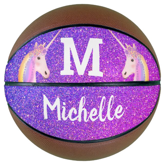 Purple Glitter Unicorn Girls Monogram Personalised Basketball (Front)
