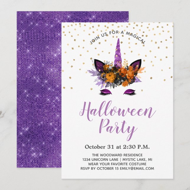 Purple Glitter Unicorn Halloween Party Invitation (Front/Back)