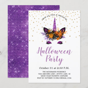 Purple Glitter Unicorn Halloween Party Invitation