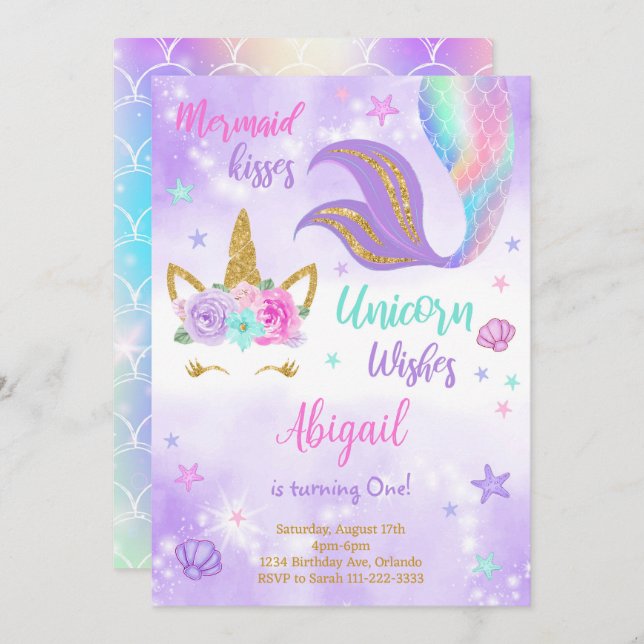 Purple Glitter Unicorn Mermaid Birthday Invitation (Front/Back)