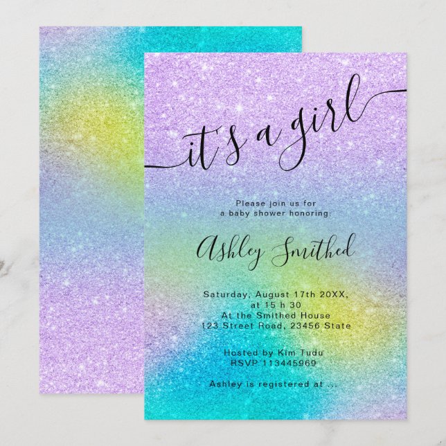 Purple glitter unicorn ombre script baby shower invitation (Front/Back)