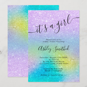 Purple glitter unicorn ombre script baby shower invitation