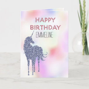 Purple Glitter Unicorn Pink Birthday Card