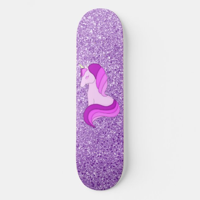 Purple Glitter Unicorn Skateboard Deck (Front)