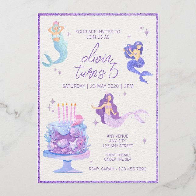 Purple Glitter & Watercolor Mermaid Ocean Birthday (Front)