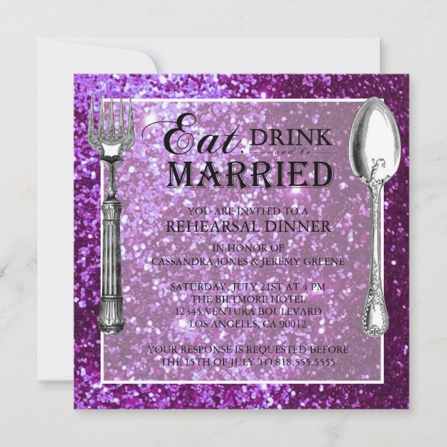 Purple Glitter Wedding Rehearsal Dinner Invitation (Front)