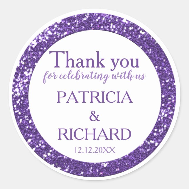 Purple Glitter Wedding Thank You Classic Round Sticker (Front)