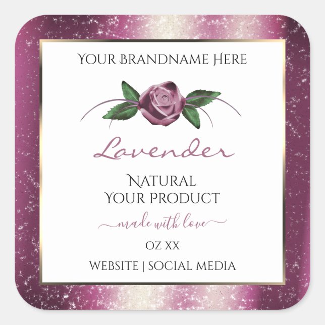 Purple Glitter White Product Labels Rose Flower (Front)