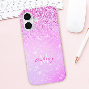 Purple Glitter, White Stars Script Name & Monogram iPhone 16 Case