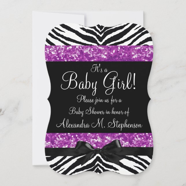 Purple Glitter Zebra Bow Baby Shower Girl Invitation (Front)