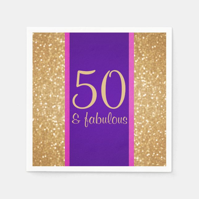 Purple & Glittery 50 & Fabulous 50th Birthday Napkin (Front)