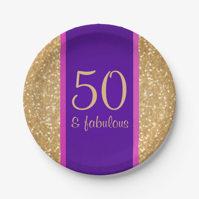 Purple & Glittery 50 & Fabulous 50th Birthday Paper Plate (Front)
