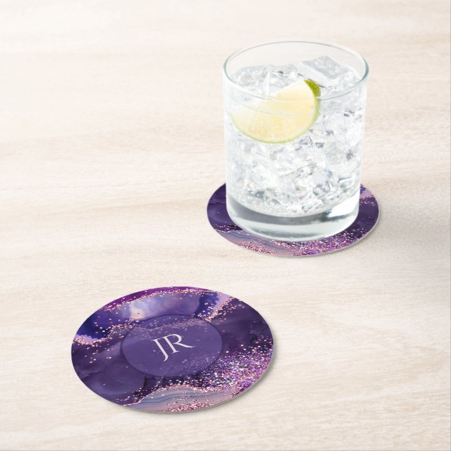 Purple glittery agate texture monogram round paper coaster (Insitu)