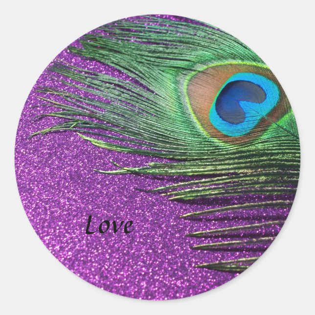 Purple Glittery Peacock Feather Still Life Classic Round Sticker (Front)