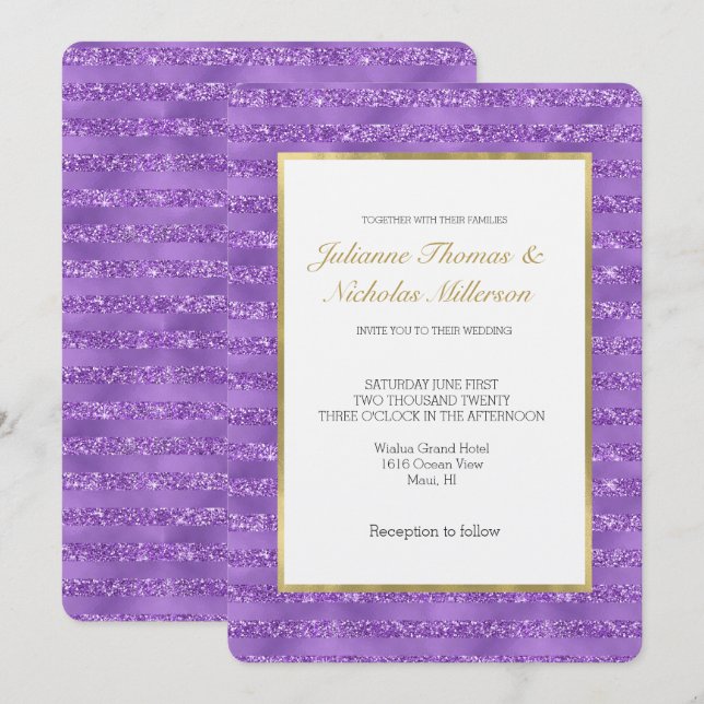 Purple Glittery Stripes Wedding Invitation (Front/Back)