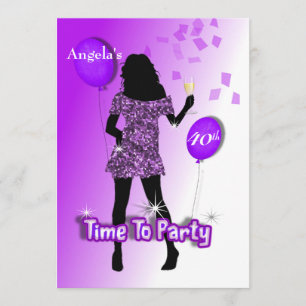 Purple Glitzy Girly Time To Party Personalised Invitation