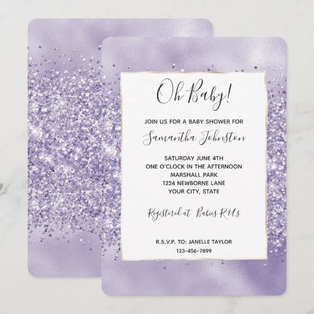 Purple Glitzy Glitter Baby Shower Invitation (Front/Back)