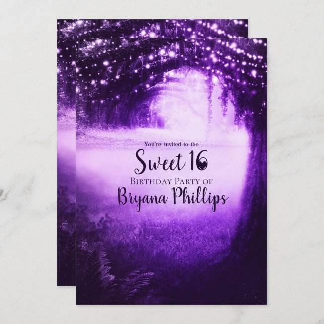 Purple Glow Forest & String Lights Sweet 16 Party Invitation (Front/Back)