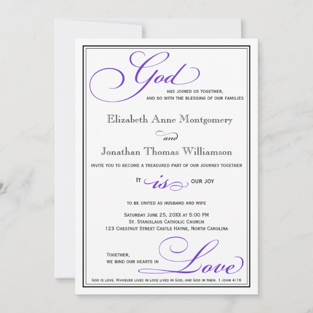 Purple God is Love Christian Wedding Invitation (Front)