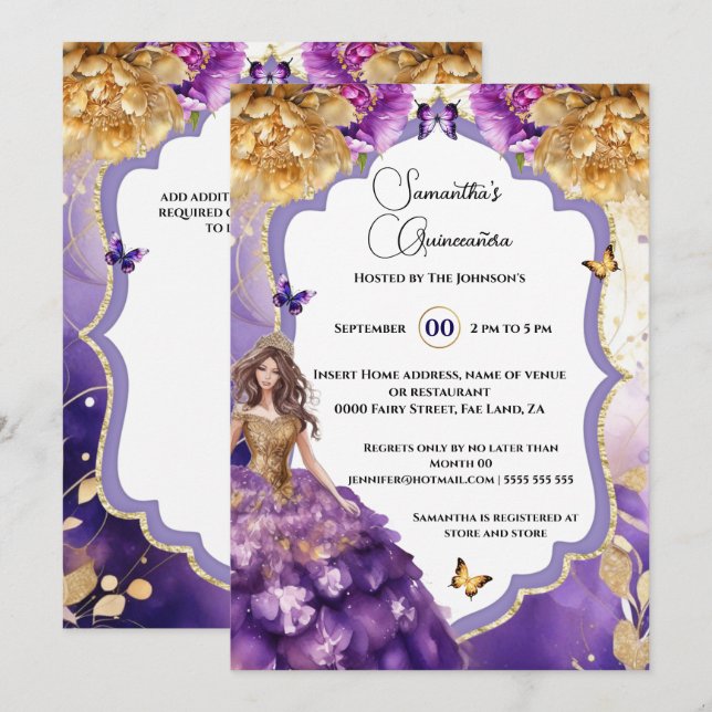 Purple gold 15th Quinceañera peony butterfly party Invitation (Front/Back)