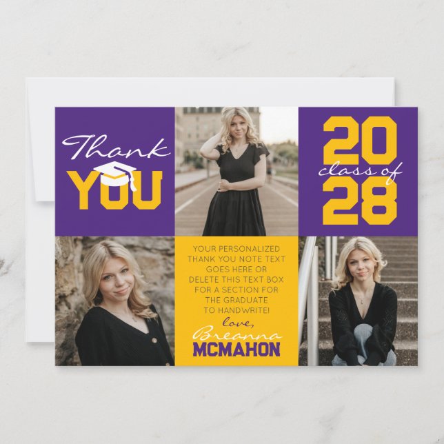 Purple & Gold 3 Photo Graduation Thank You Invitation (Front)