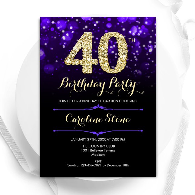 Purple Gold 40th Birthday Invitation (Creator Uploaded)