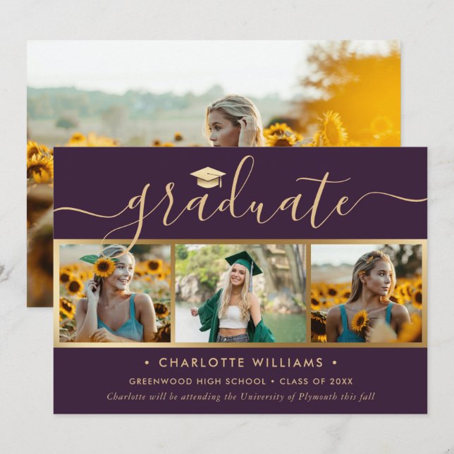 Purple Gold 4 Photo Collage Script Graduation Announcement (Front/Back)