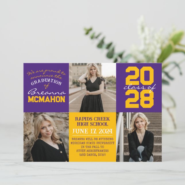 Purple & Gold 4 Photo Graduation Announcement (Standing Front)