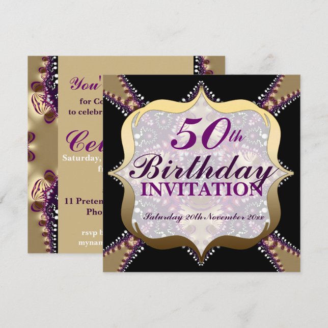 Purple+Gold 50th Birthday Celebrations Invitation (Front/Back)