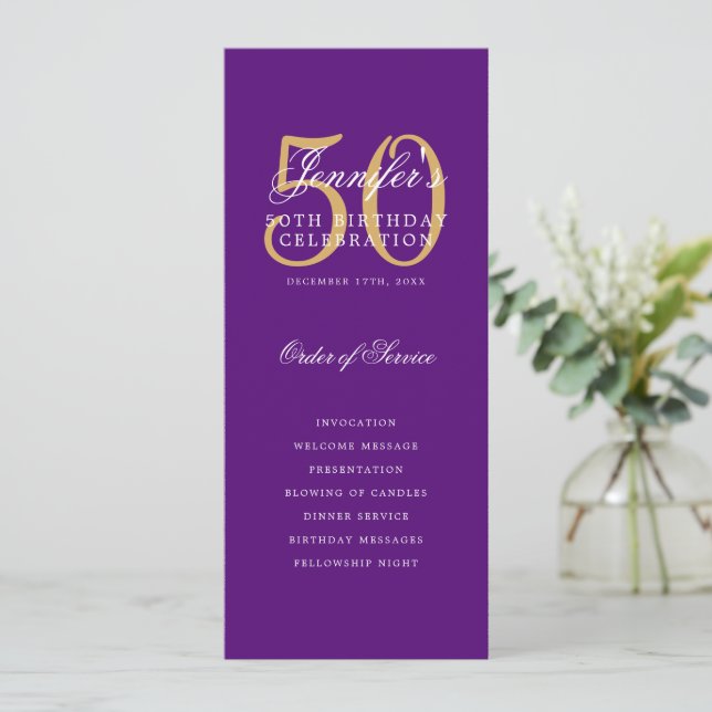 Purple Gold 50th Birthday Party Program w/ Menu Invitation (Standing Front)
