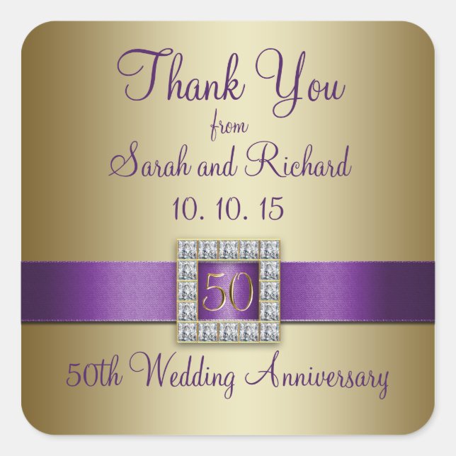 Purple Gold 50th Wedding Anniversary Thank You Square Sticker (Front)