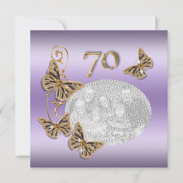 Purple gold 70th seventieth birthday invitation (Front)