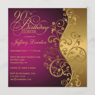 Purple & Gold 90th Birthday Party Invitation