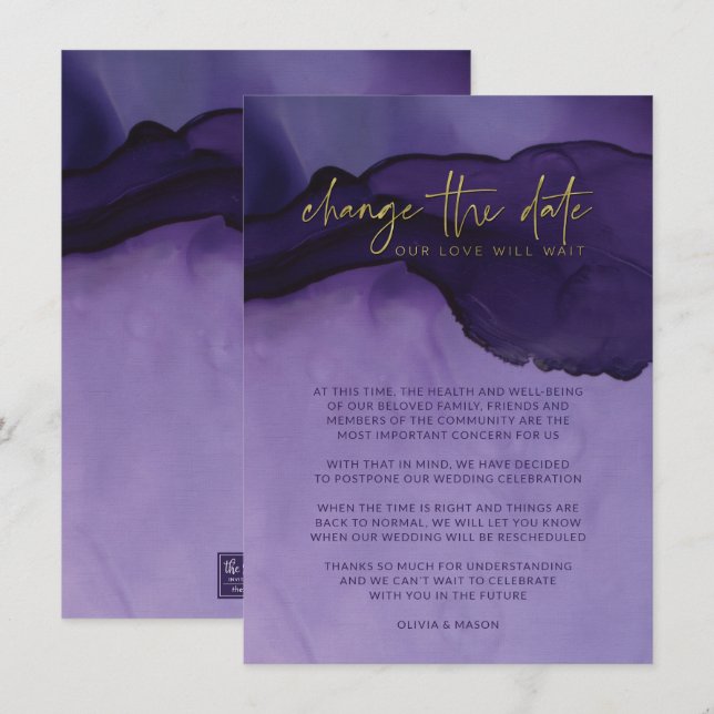 Purple & Gold Abstract Change The Date Wedding Invitation (Front/Back)