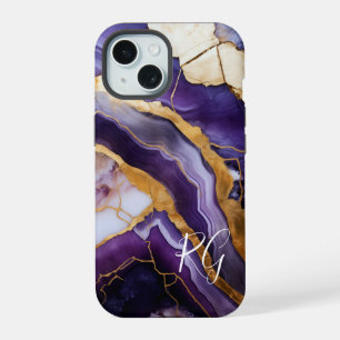 Purple Gold Abstract Marble Monogram iPhone 15 Case