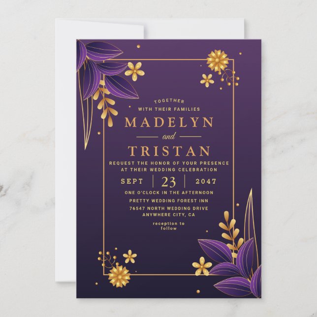 Purple & Gold Aesthetics Floral Photo Wedding Invitation (Front)