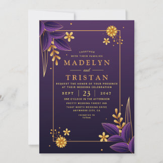 Purple & Gold Aesthetics Floral Photo Wedding Invitation