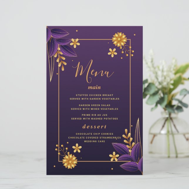 Purple & Gold Aesthetics Floral Wedding Menu Cards (Standing Front)