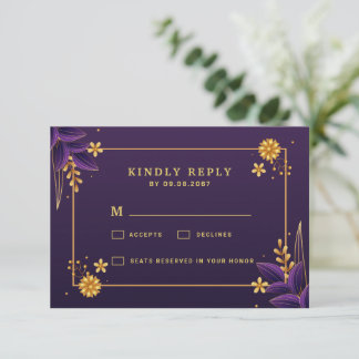 Purple & Gold Aesthetics Floral Wedding RSVP Card