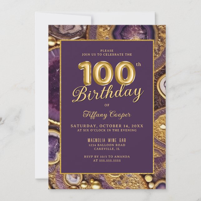 Purple Gold Agate 100th Birthday Invitation (Front)