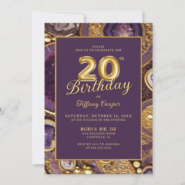 Purple Gold Agate 20th Birthday Invitation (Front)
