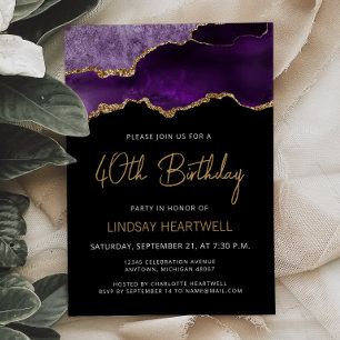 Purple Gold Agate 40th Birthday Invitation