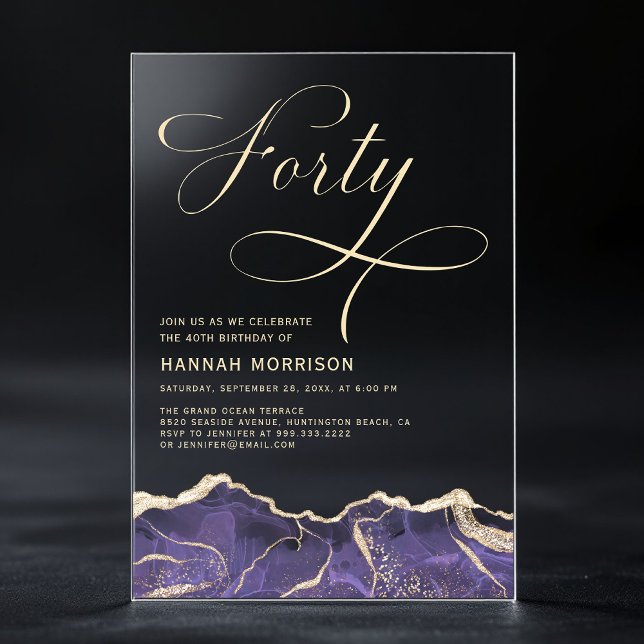 Purple Gold Agate 40th Forty Birthday Party Acrylic Invitations (Creator Uploaded)