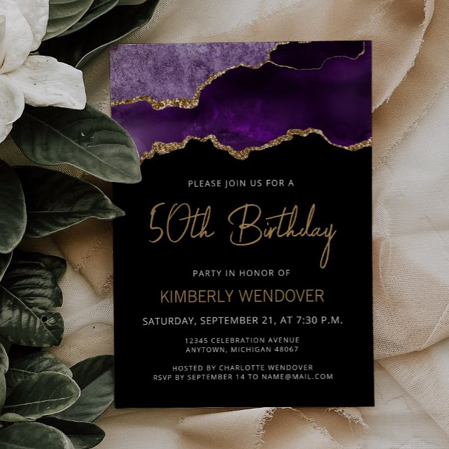 Purple Gold Agate 50th Birthday Invitation (Creator Uploaded)