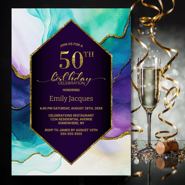 Purple Gold Agate 50th Birthday Party Invitation (Creator Uploaded)