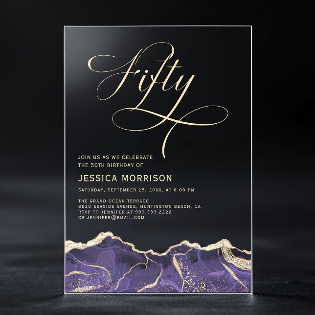 Purple Gold Agate 50th Fifty Birthday Party Acrylic Invitations (Creator Uploaded)