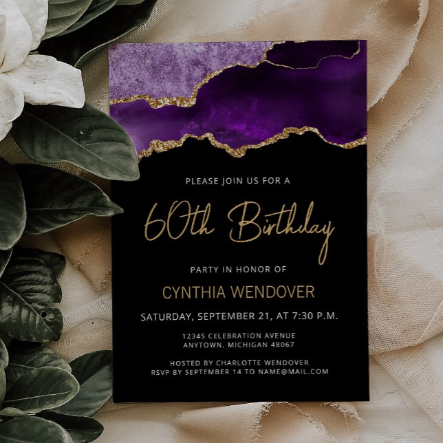Purple Gold Agate 60th Birthday Invitation (Creator Uploaded)