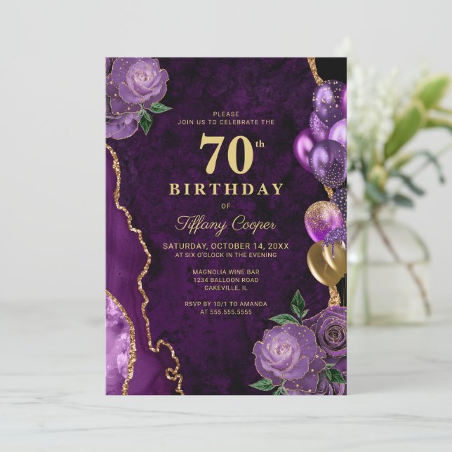 Purple Gold Agate 70th Birthday Invitation (Standing Front)