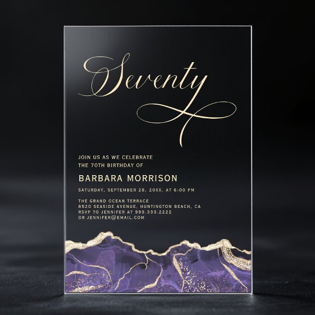 Purple Gold Agate 70th Seventy Birthday Party Acrylic Invitations (Creator Uploaded)