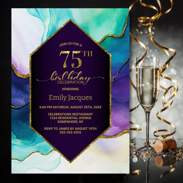Purple Gold Agate 75th Birthday Party Invitation (Creator Uploaded)